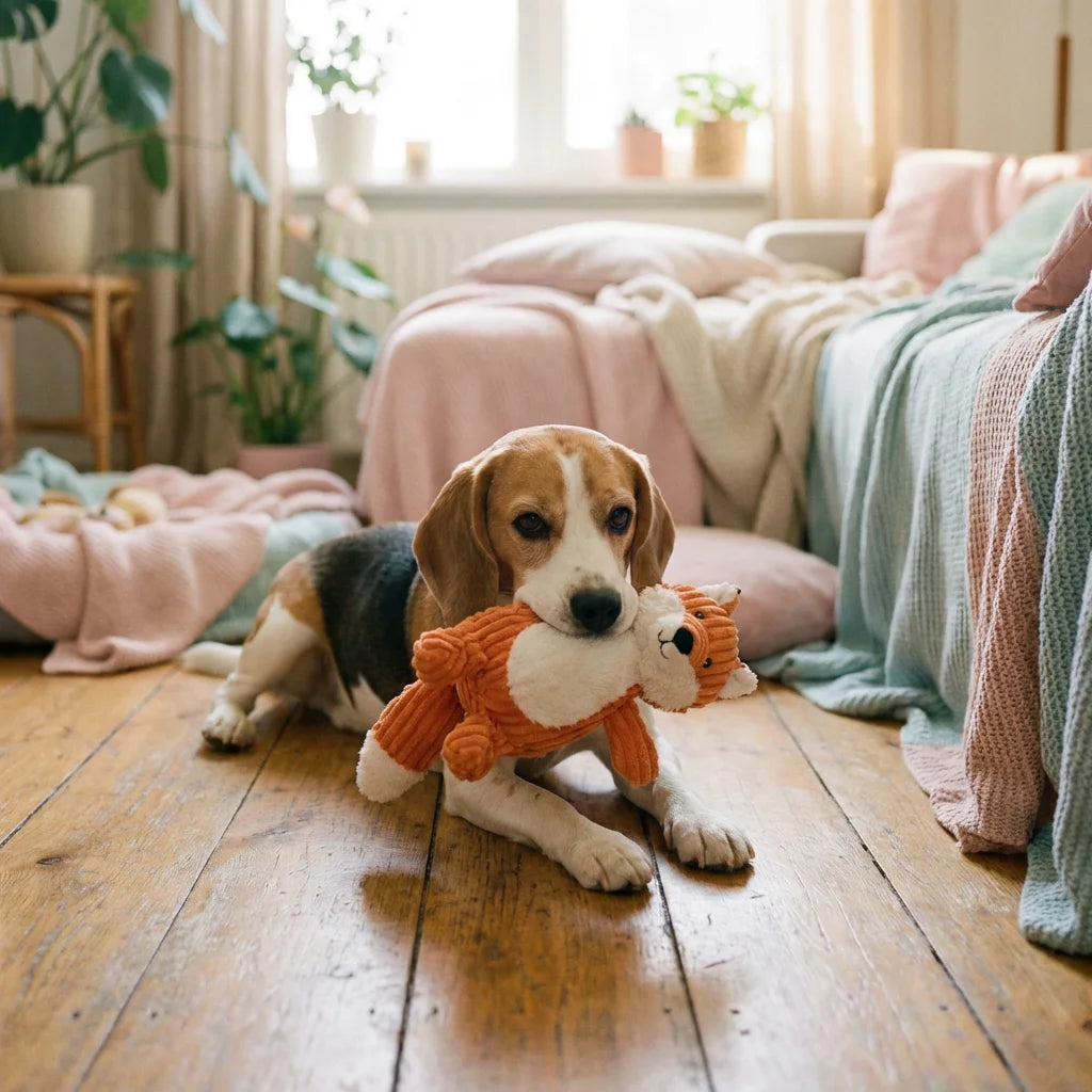 PawVibes Interactive Crinkle Squeaky Fox Dog Toy - Beagle dog playing with fox toy on wooden floor