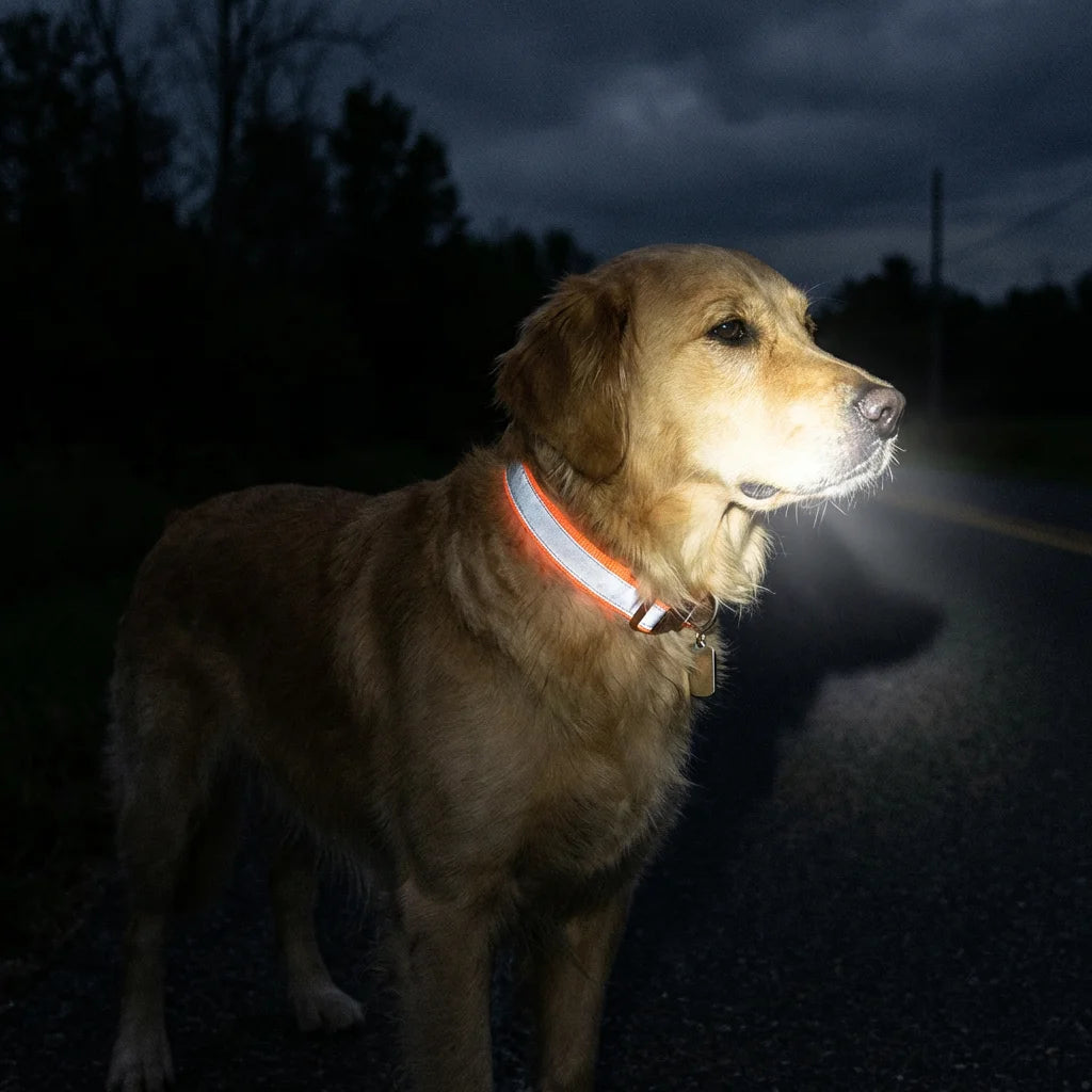 PawVibes™ Custom Reflective Dog Collar - Golden Retriever wearing reflective collar glowing at night on road