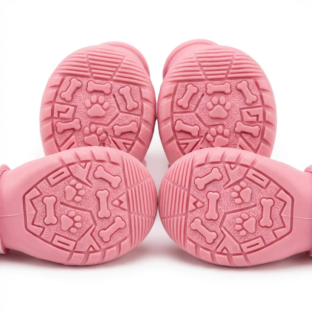 PawVibes Waterproof Dog Boots - anti-slip sole with paw print and bone texture pattern pink