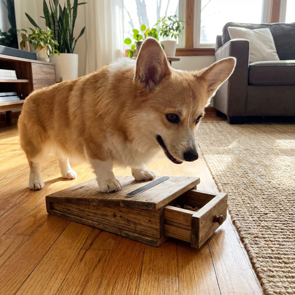 PawVibes Wooden Dog Nail Scraper Board - Corgi dog using treat compartment on wooden floor lifestyle