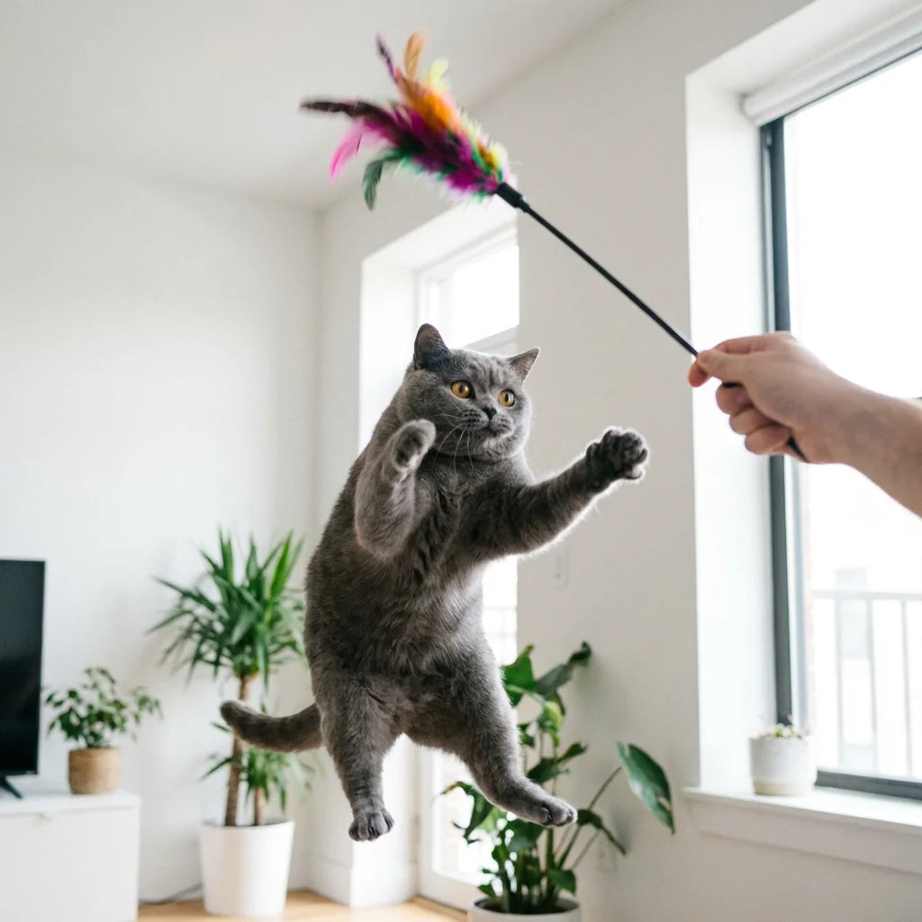 PawVibes Interactive Feather Wand Cat Toy Set - British Shorthair cat jumping for feather wand