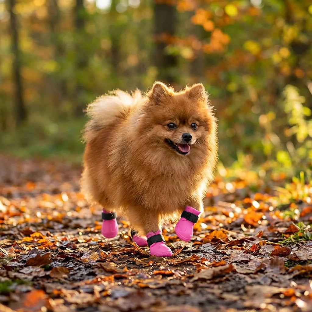 PawVibes Waterproof Dog Boots - Pomeranian dog wearing pink boots walking on autumn leaves outdoors