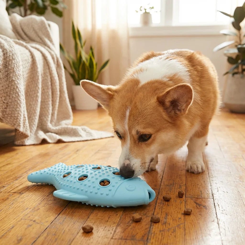 PawVibes Fish-Shaped Dog Treat Dispenser - Corgi dog sniffing blue silicone treat toy on wooden floor