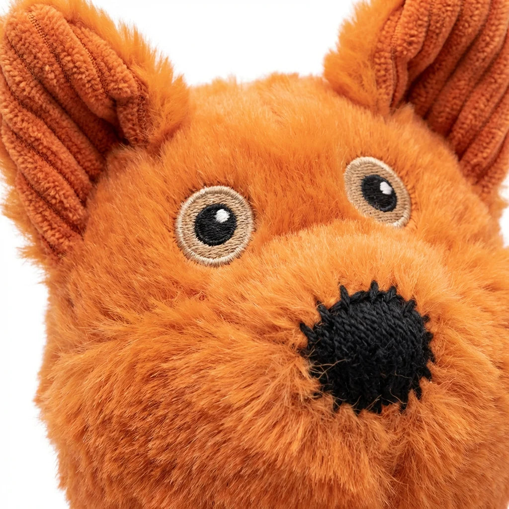 PawVibes Interactive Crinkle Squeaky Fox Dog Toy - fox face close-up embroidered eyes and nose detail