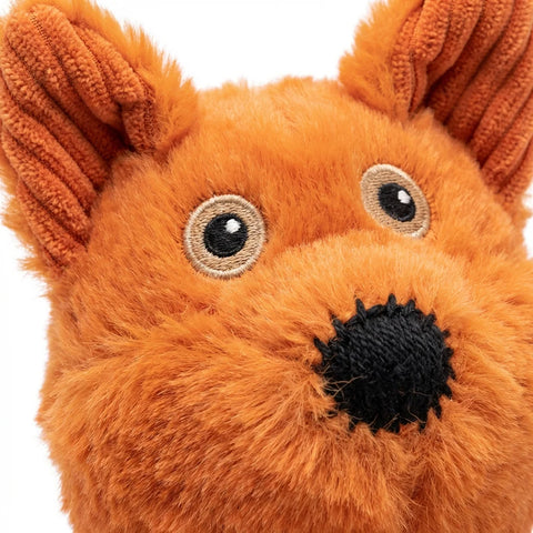 PawVibes Interactive Crinkle Squeaky Fox Dog Toy - fox face close-up embroidered eyes and nose detail