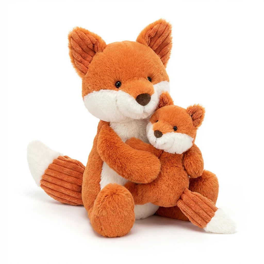 PawVibes Interactive Crinkle Squeaky Fox Dog Toy - mother and baby fox plush white background