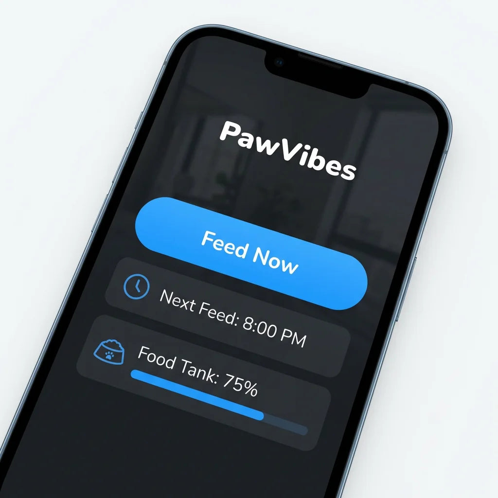 PawVibes™ Smart WiFi Pet Feeder - App control showing Feed Now button and food tank level