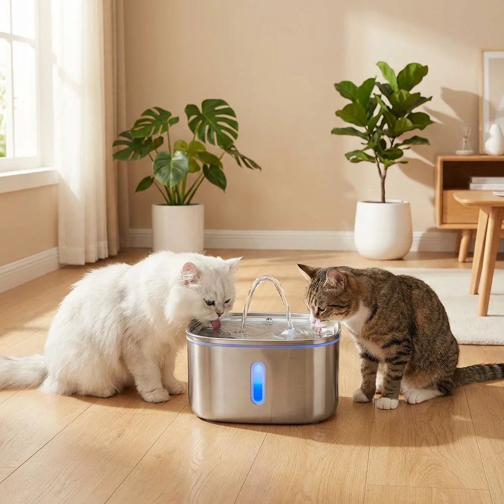 PawVibes™ Wireless Smart Cat Water Fountain - White Persian and tabby cats drinking together in Scandinavian home