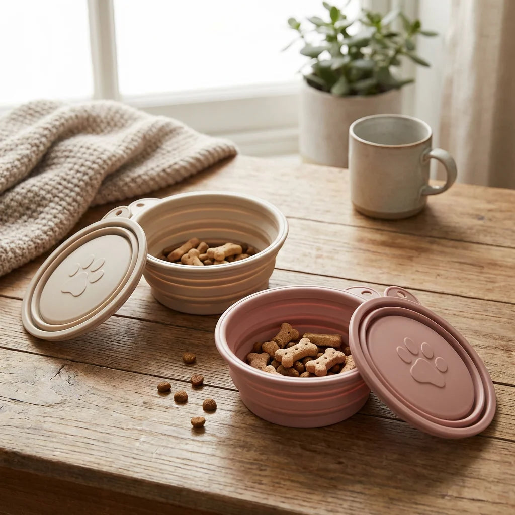 PawVibes Silicone Foldable Pet Bowl 2-Pack - beige and pink paw print bowls with treats on wooden table
