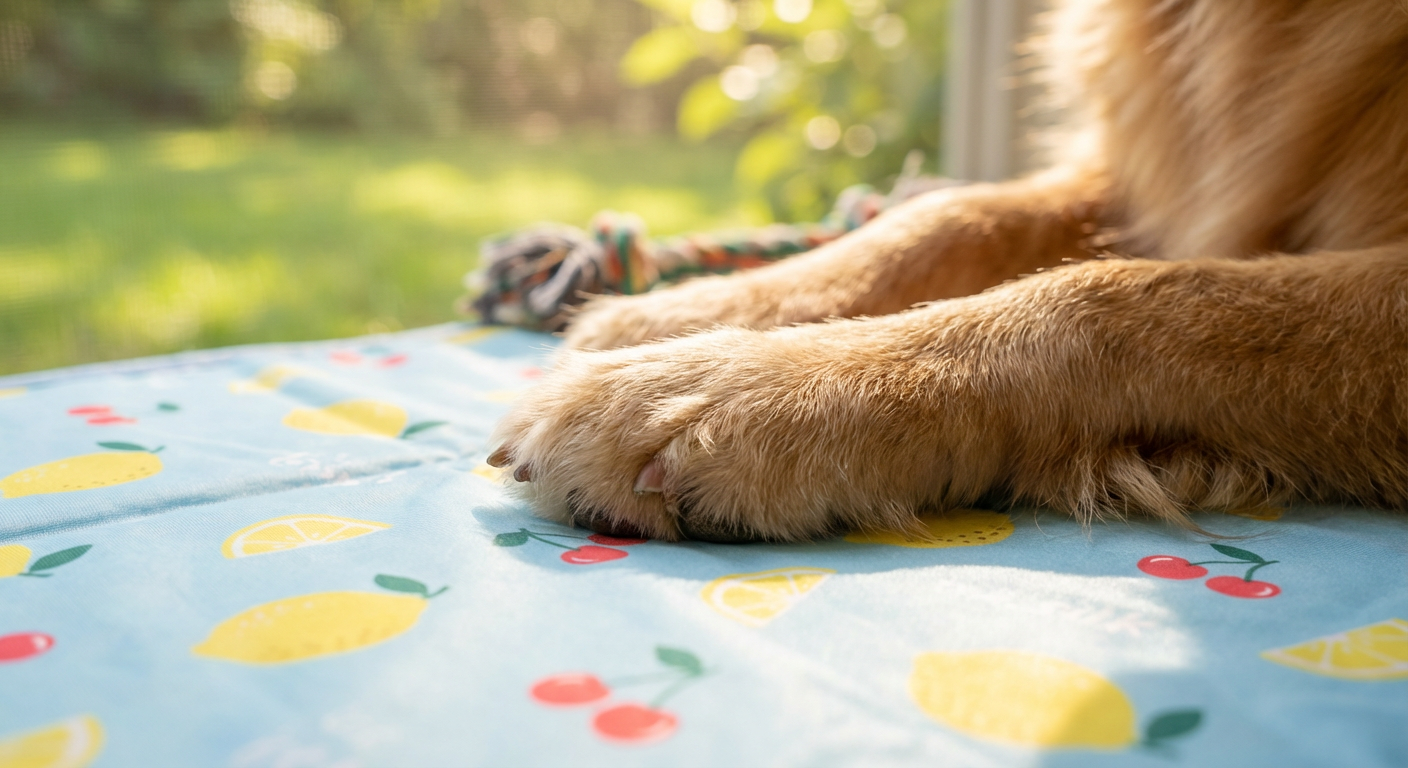 Golden retriever paw on cooling mat — dog cooling pad summer heat