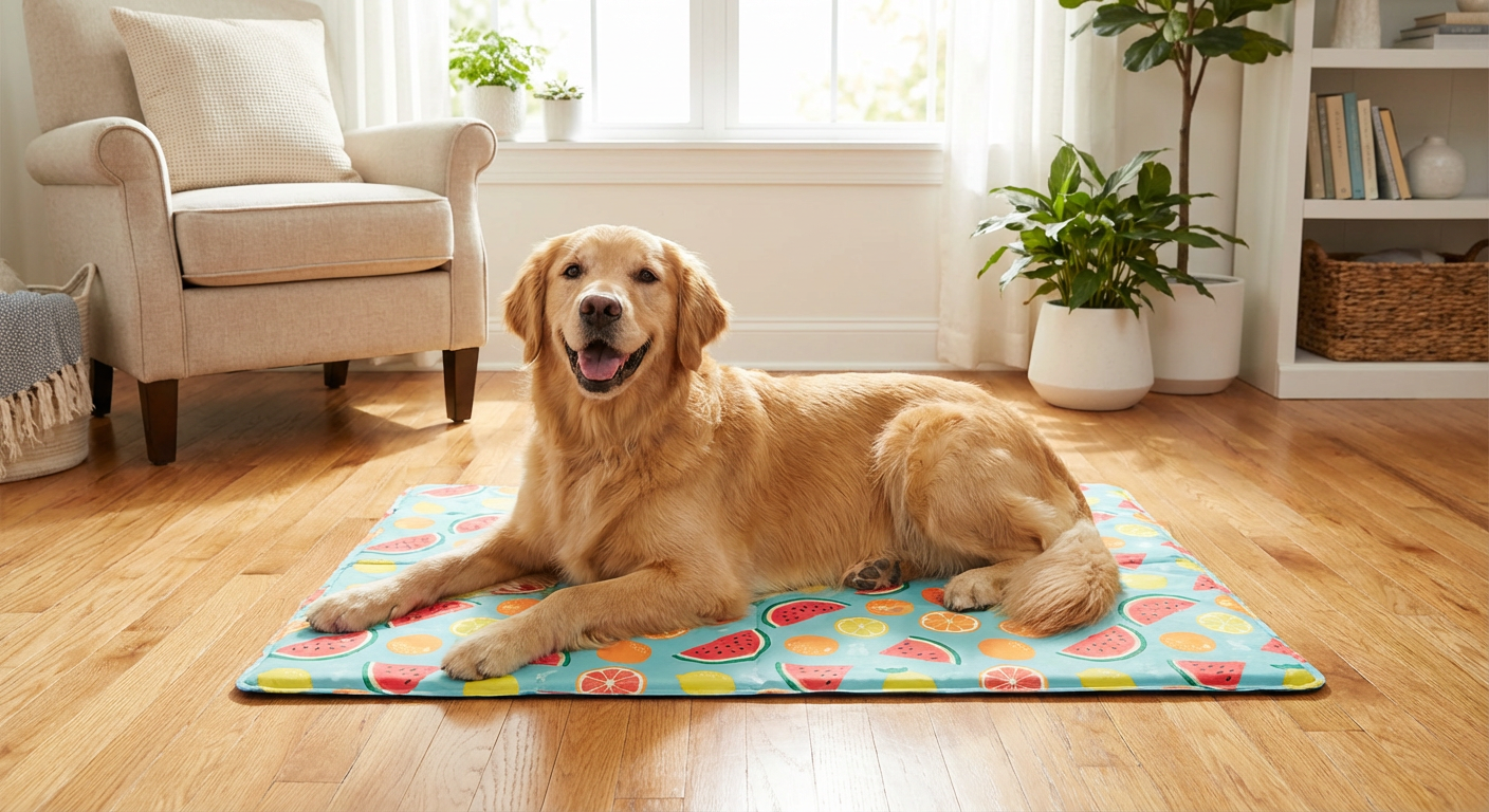 Dog relaxing on PawVibes summer fruit cooling mat — best cooling mat for dogs 2026