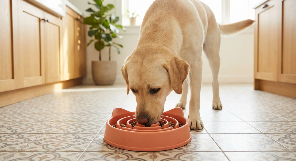 Labrador using PawVibes round anti-gulping slow feeder bowl — prevents dog bloat
