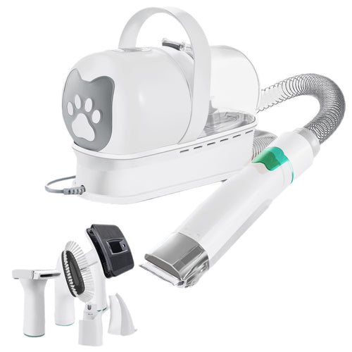 PawVibes 7-in-1 Pet Grooming Vacuum Kit - white unit with hose and tool heads white background