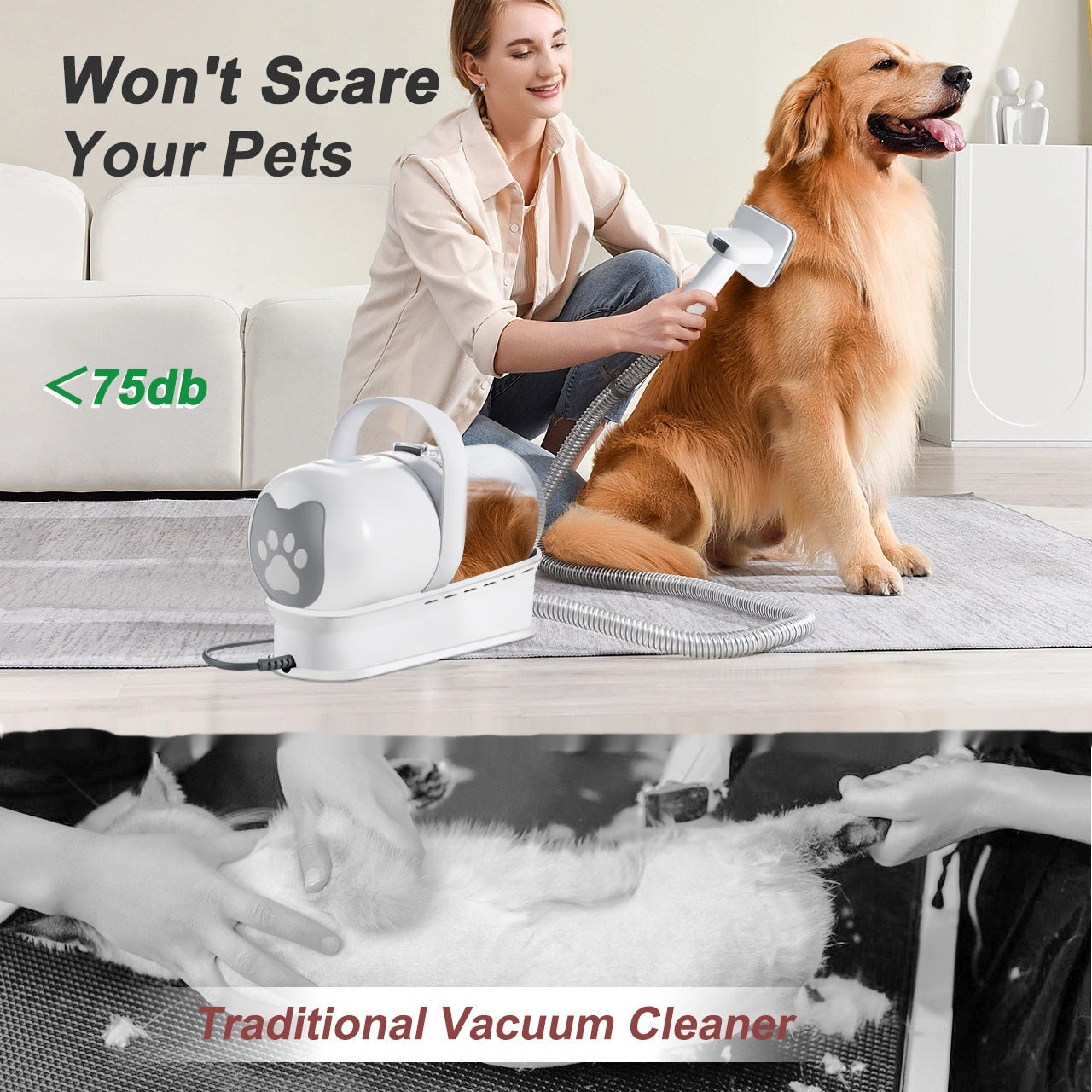 PawVibes 7-in-1 Pet Grooming Vacuum Kit - ultra quiet under 75dB won't scare pets